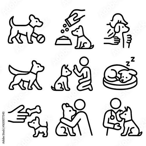 Pet Activity Icons. Outline icon set of pet activities at home: playing ball, feeding, grooming, walking leash