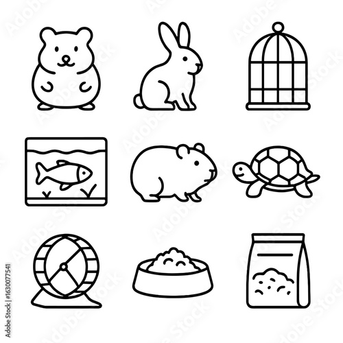 Pet Icon Collection. Outline icon set of small pets at home: hamster, rabbit, birdcage, fish tank, guinea pig,