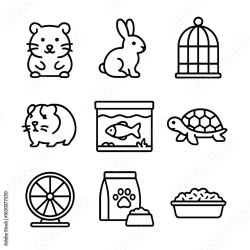 Pet Icon Collection. Outline icon set of small pets at home: hamster, rabbit, birdcage, fish tank, guinea pig,