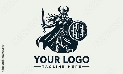 Valkyrie warrior logo design, shield, sword, cape, strong female figure.