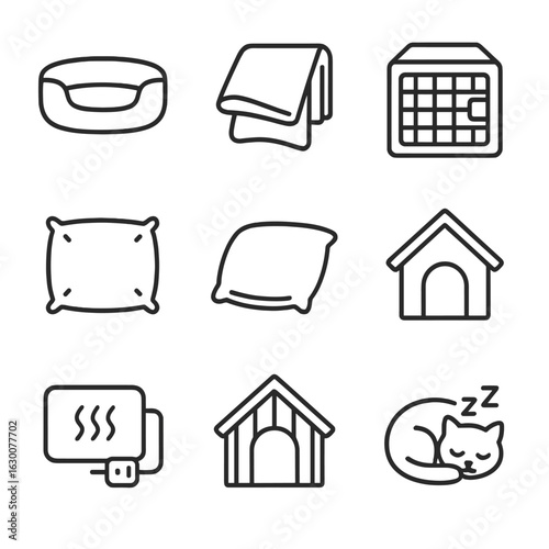Pet Sleeping Icons. Outline icon set of pet sleeping areas: pet bed, blanket, crate, cushion, pillow, house,