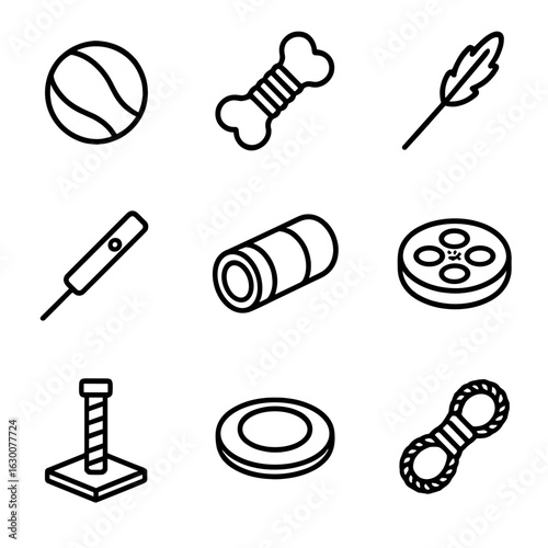 Pet Toys Icons. Outline icon set of pet toys and entertainment: ball, chew toy, feather wand, laser pointer,