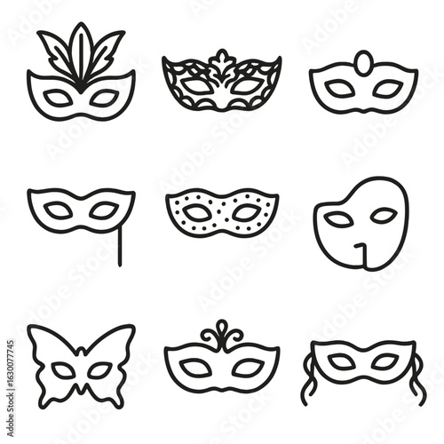 Masquerade Mask Icons. Outline icon set of masquerade accessories: feather mask, lace mask, jeweled mask, stick mask, glitter mask