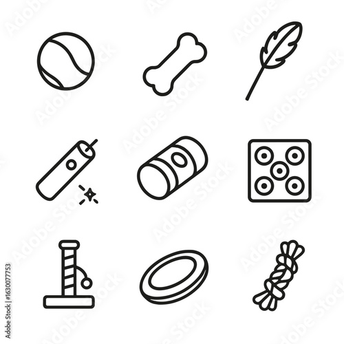 Pet Toys Icons. Outline icon set of pet toys and entertainment: ball, chew toy, feather wand, laser pointer,