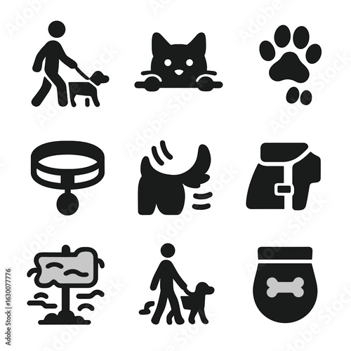 Pet Walking Icons. Solid, filled icons set of walking with pets in fog: dog with leash, cat peeking, paw