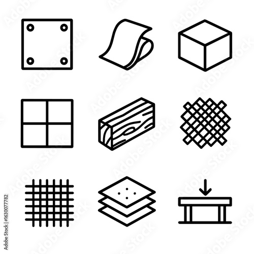 Material Resistance Icons. Outline icon set of material resistance: metal plate, rubber sheet, plastic block, ceramic tile, wood