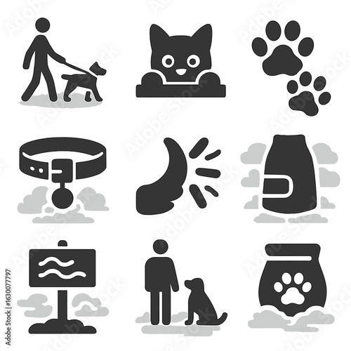 Pet Walking Icons. Solid, filled icons set of walking with pets in fog: dog with leash, cat peeking, paw
