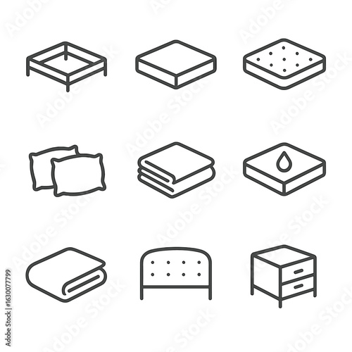 Mattress Accessories Icons. Outline icon set of mattress accessories: bed frame, box spring, mattress topper, pillows, sheets,