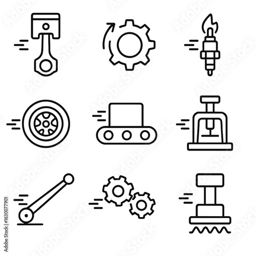 Mechanical Icon Set. Outline icon set of mechanical pulse: piston movement, gear rotation, engine spark, wheel spin, conveyor