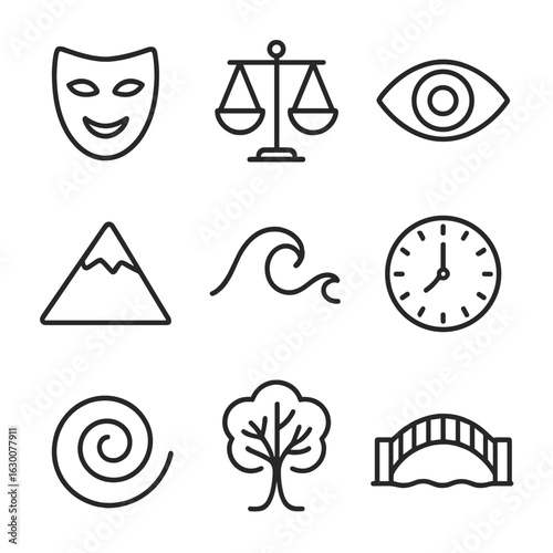 Philosophical Symbols Icons. Outline icon set of Symbolism in philosophy: mask, scales, eye, mountain, wave,