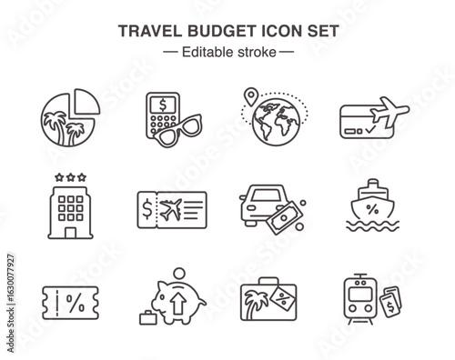 Travel budget icons , Adobe Illustrator Artwork with editable stroke. Saving for vacation.