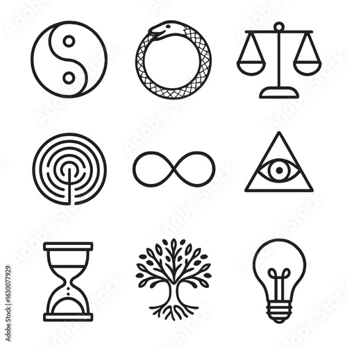 Philosophical Symbol Icons. Outline icon set of Philosophical symbols: yin yang, ouroboros, scales of justice,