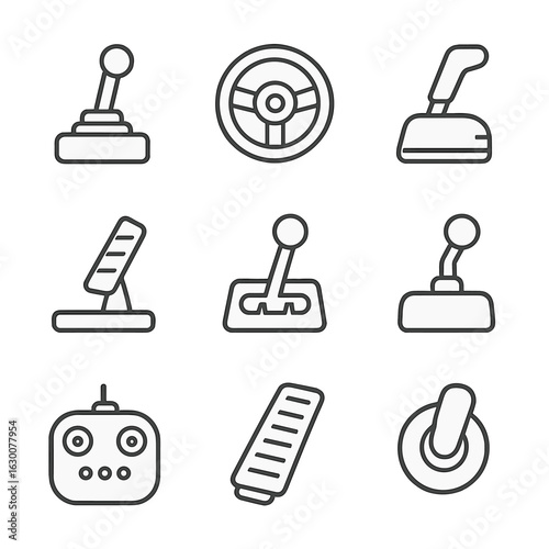 Mechanical Control Icons. Outline icon set of mechanical control movements: joystick, steering wheel, throttle, brake pedal, gear