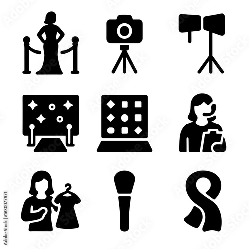 Photo Shoot Icons. Solid, filled icons set of photo shoot on red carpet: model stance, camera tripod, lighting