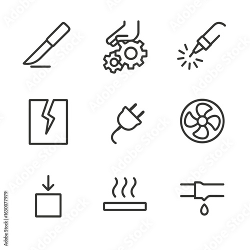 Mechanical Danger Icons. Outline icon set of mechanical dangers: sharp blade, crushing gear, welding sparks, broken glass,