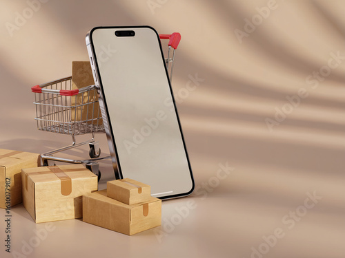 Smartphone placed beside shopping cart filled with shipping boxes representing ecommerce logistics and online shopping efficiency