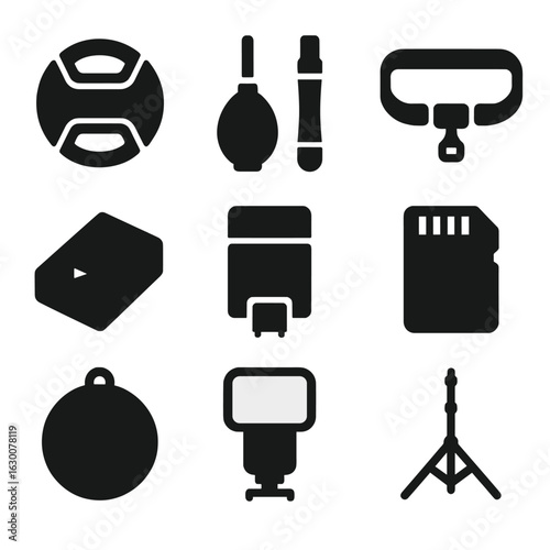 Photography Icons Grid. Solid, filled icons set of photography accessories: lens cap, cleaning kit, camera