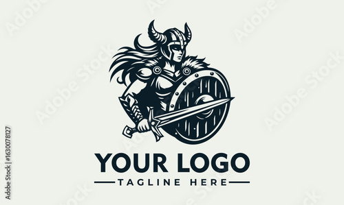 Illustration of a Viking warrior woman holding a shield and sword, wearing a horned helmet.