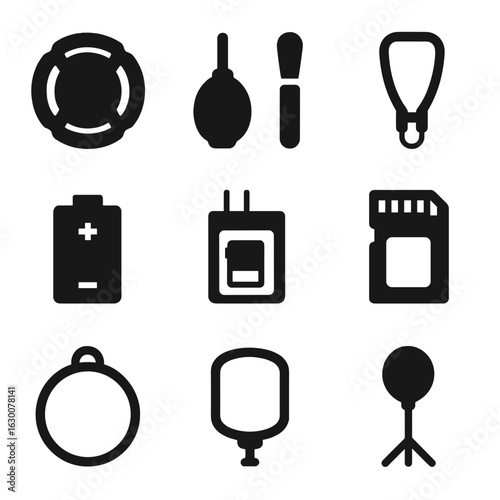 Photography Icons Grid. Solid, filled icons set of photography accessories: lens cap, cleaning kit, camera