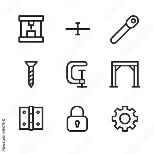 Mechanical Rigidity Icons. Outline icon set of rigidity in mechanics: hydraulic press, fixed joint, torque wrench, screw, clamp,