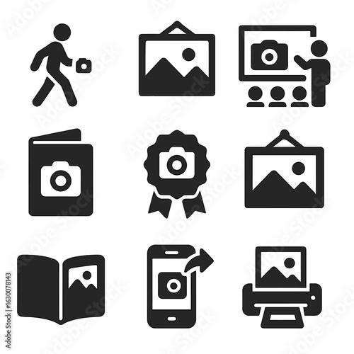 Photography Icons Grid. Solid, filled icons set of photography events and hobbies: photo walks, exhibitions,