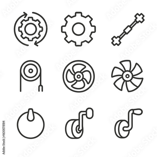 Mechanical Icon Set. Outline icon set of mechanical revolution: gear rotation, cogwheel, rotating shaft, flywheel, pulley,