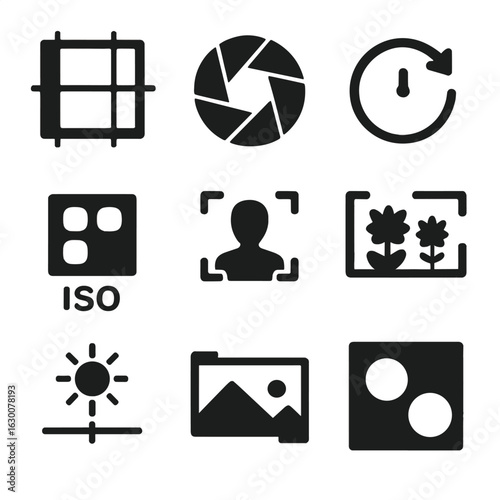 Photography Techniques Grid. Solid, filled icons set of photography techniques: rule of thirds, aperture,