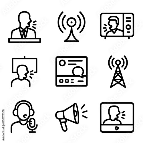 Media Shout Icon Set. Outline icon set of shout in media broadcasting: news anchor, radio signal, TV host, announcement board,
