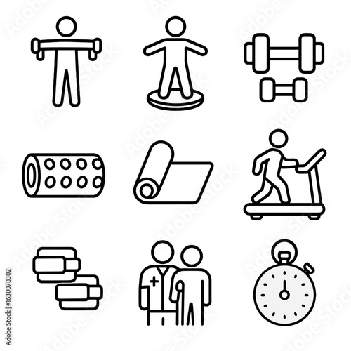 Physical Therapy Icons. Outline icon set of physical therapy exercises: stretching band, balance board,