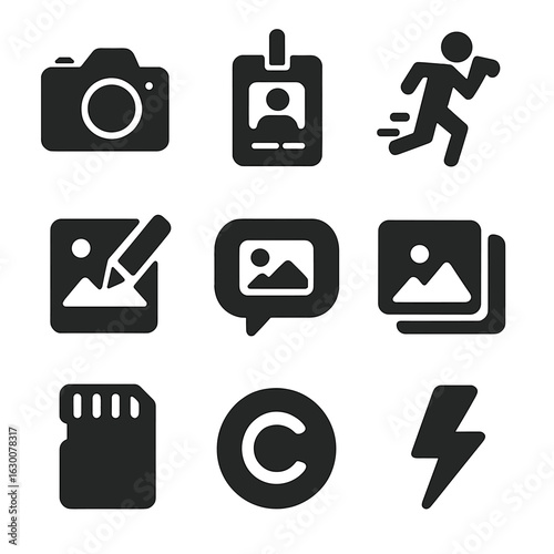Photojournalism Icons Grid. Solid, filled icons set of photojournalism: DSLR camera, press photo tag, action