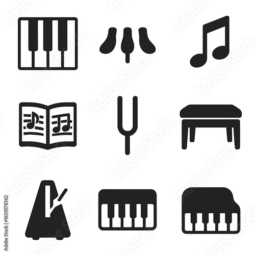 Piano Icon Set. Solid, filled icons set of Piano keys close-up: white keys, black keys, piano pedals, music