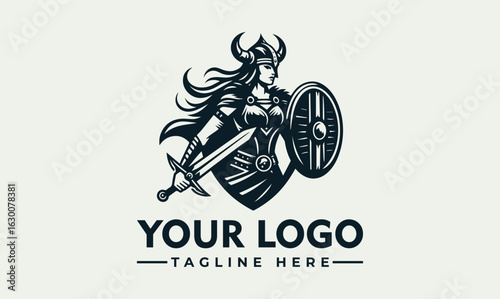 A stylized logo featuring a strong female warrior, holding sword and shield, in a Viking-inspired design.