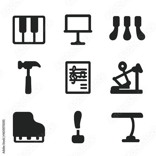Piano Icon Set. Solid, filled icons set of Piano keyboard details: keys, pedals, music stand, tuning hammer,