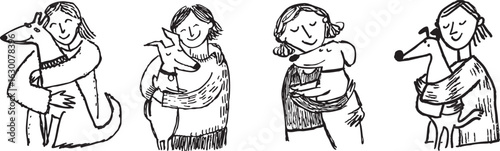 Four people are joyfully hugging dogs in series of charming, hand drawn illustrations. Each person holds dog lovingly, showcasing bond between humans and their pets