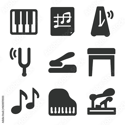 Piano Elements Icons. Solid, filled icons set of Musical piano elements: keyboard keys, sheet music, metronome