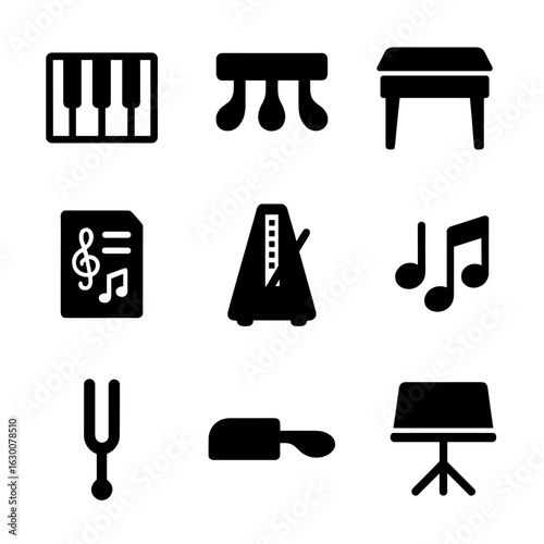 Piano Essentials Icons. Solid, filled icons set of Piano playing essentials: keyboard keys, pedals, bench,