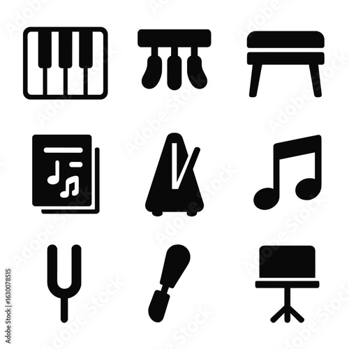 Piano Essentials Icons. Solid, filled icons set of Piano playing essentials: keyboard keys, pedals, bench,