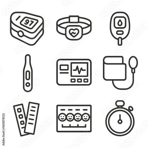 Medical Device Icons. Outline icon set of monitoring devices in doctor’s bag: pulse oximeter, heart rate monitor, glucose meter,