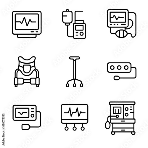 Medical Device Icons. Outline icon set of stabilization in medical devices: patient monitor, infusion pump, ventilator,