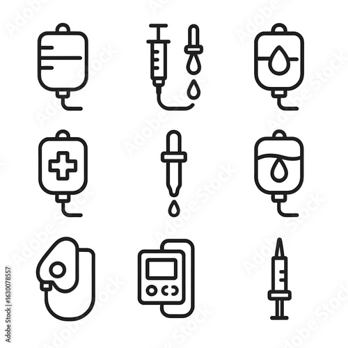Medical Drip Icons. Outline icon set of medical drips: IV bag, syringe drip, blood transfusion, saline drip, medicine dropper,