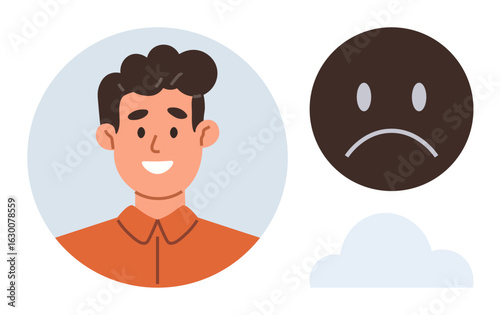 Cheerful boy in orange shirt, frowning sad face, and cloud outline highlighting mood changes. Ideal for communication, empathy, emotions, mental health, mood tracking support self-expression. A