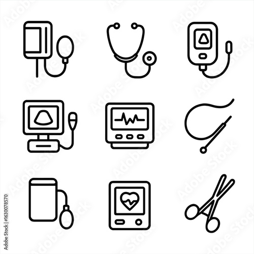 Medical Equipment Icons. Outline icon set of artery related equipment: sphygmomanometer, stethoscope, pulse oximeter, ultrasound