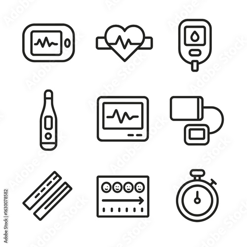 Medical Device Icons. Outline icon set of monitoring devices in doctor’s bag: pulse oximeter, heart rate monitor, glucose meter,