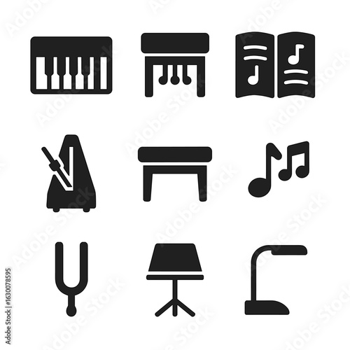 Piano Setup Icons. Solid, filled icons set of Piano performance setup: keyboard, pedals, sheet music,