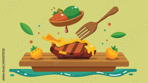 Illustration of grilled steak with cheese sauce and fruit on a wooden board with a fork hovering