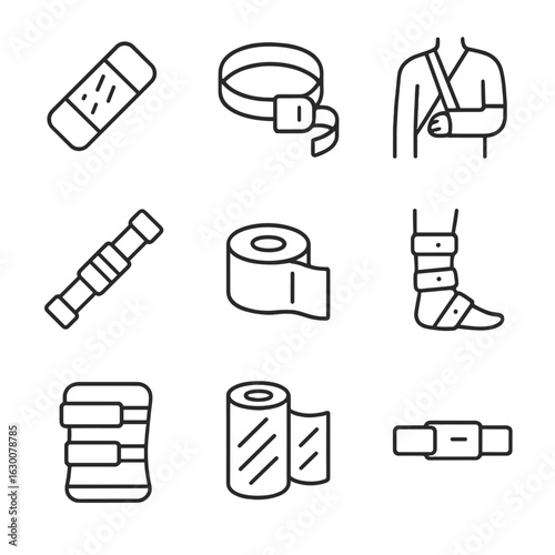 Medical Straps Icons. Outline icon set of medical straps: bandage strap, tourniquet, arm sling, brace strap, medical tape, cast