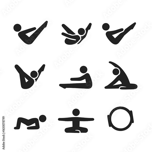 Pilates Moves Icons. Solid, filled icons set of Pilates core moves: hundred pose, single leg stretch, double