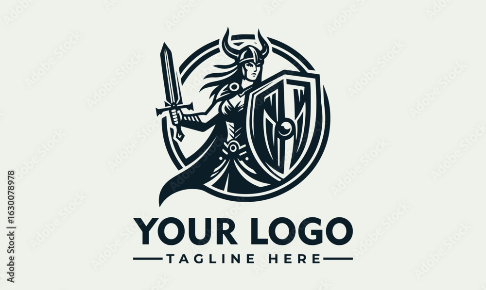Obraz premium A stylized illustration of a warrior woman holding a sword and shield, ready.