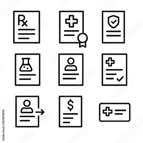 Medical Icons Set. Outline icon set of doctor medical forms: prescription, medical certificate, consent form, test results,
