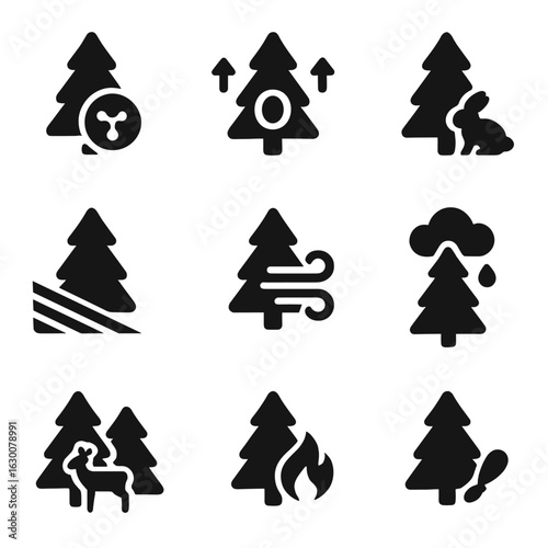 Pine Tree Roles Icons. Solid, filled icons set of pine tree ecological roles: carbon sequestration, oxygen